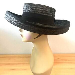 Vintage Bloomingdale 100% Black Straw Hat Wide Rim Audrey Hepburn Made ITALY!!!